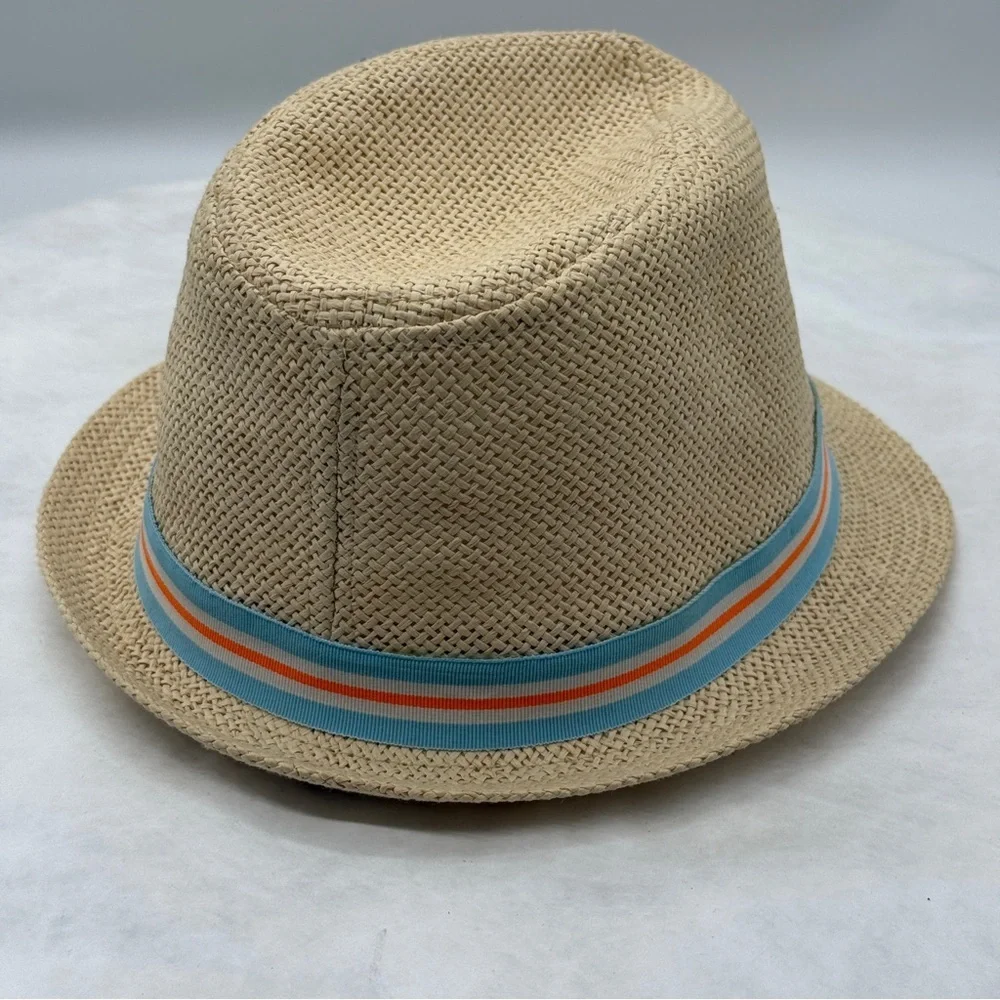 TRULY Tan and Blue Fedora Hat with Striped Band Unisex Size 4T.